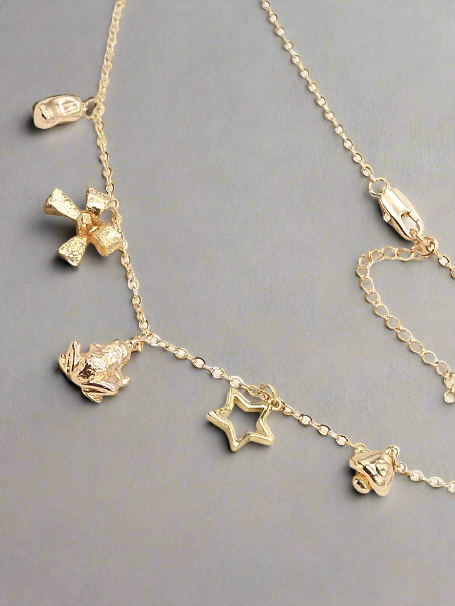 Dangling Gold Charms Necklace, Link Chain, Trendy Women Jewelry, Gift, Birthday