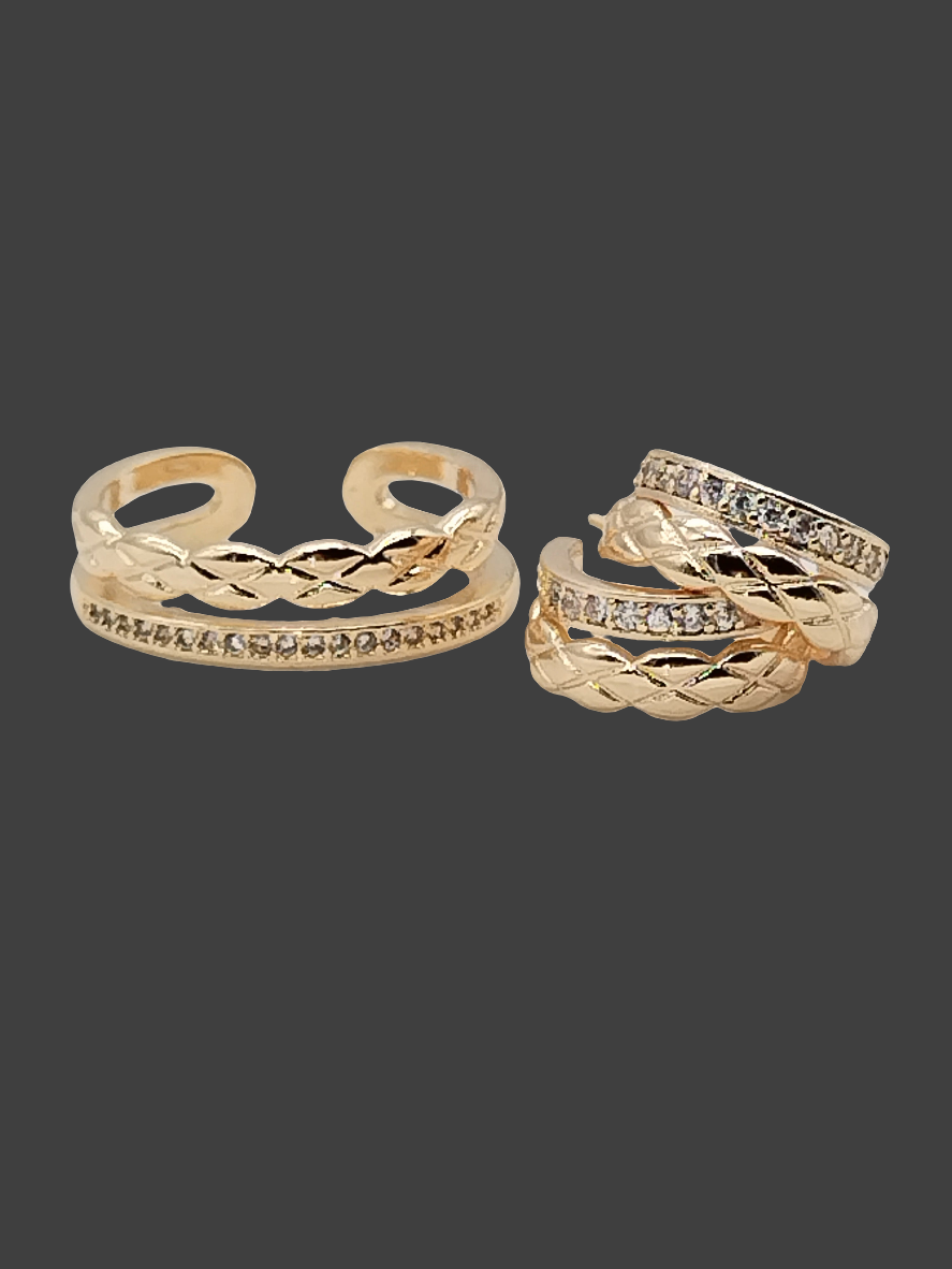 Anillo de doble banda, oro de 18 quilates, circonita cúbica, trenzado, apilable, tendencia, ajustable, regalos, joyas, mujeres