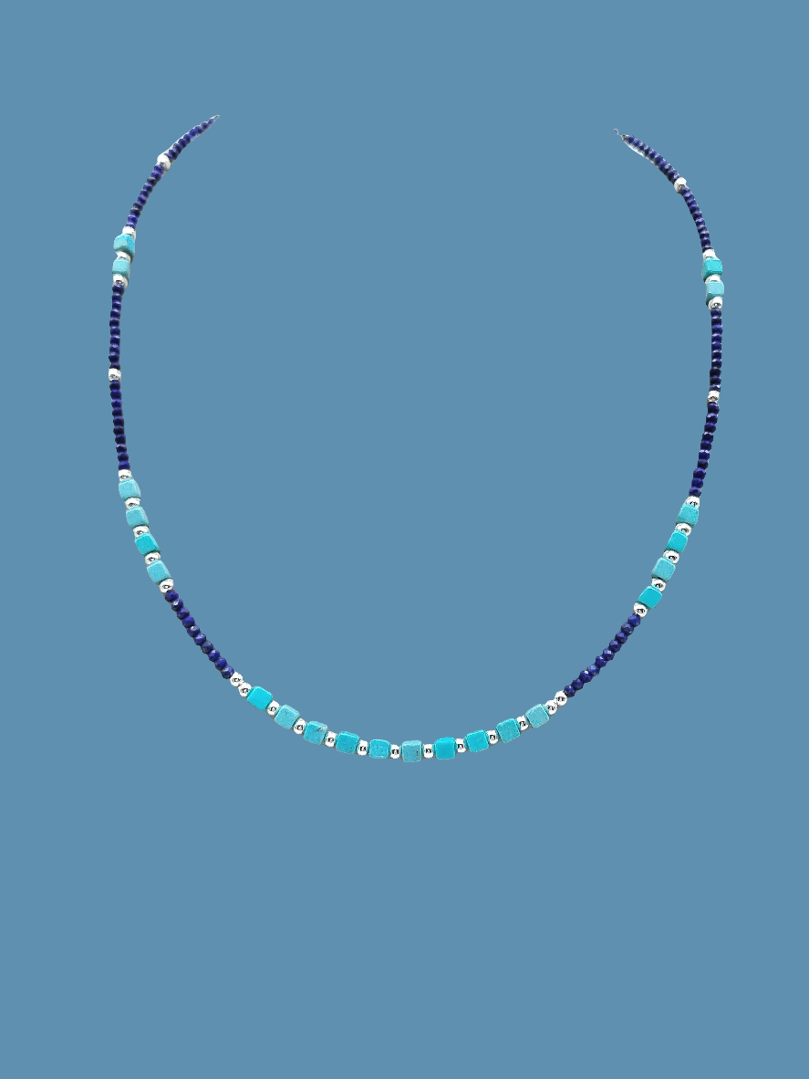 Turquiose  and Lapislazuli Choker, Sterling Silver Necklace, Gifts, Women, Jewelry, Classy, Boho
