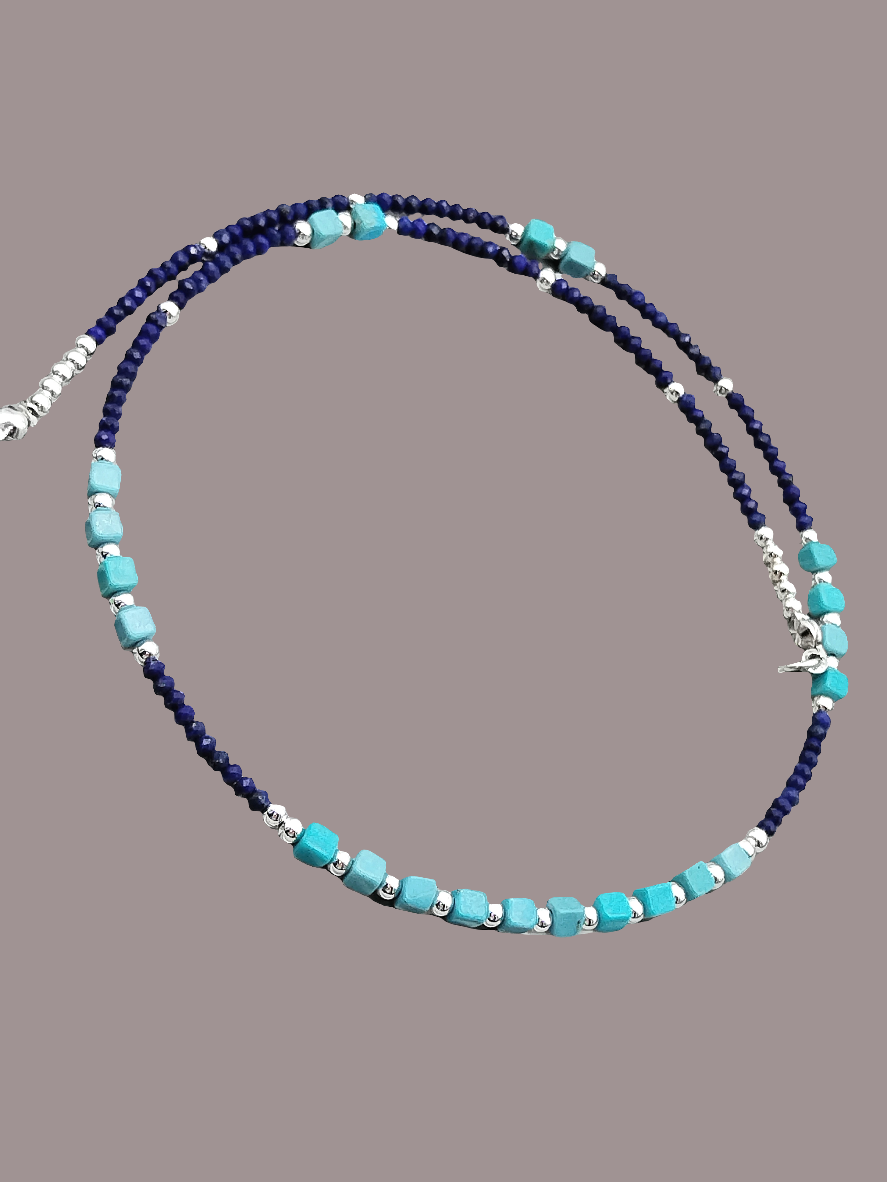 Turquiose  and Lapislazuli Choker, Sterling Silver Necklace, Gifts, Women, Jewelry, Classy, Boho