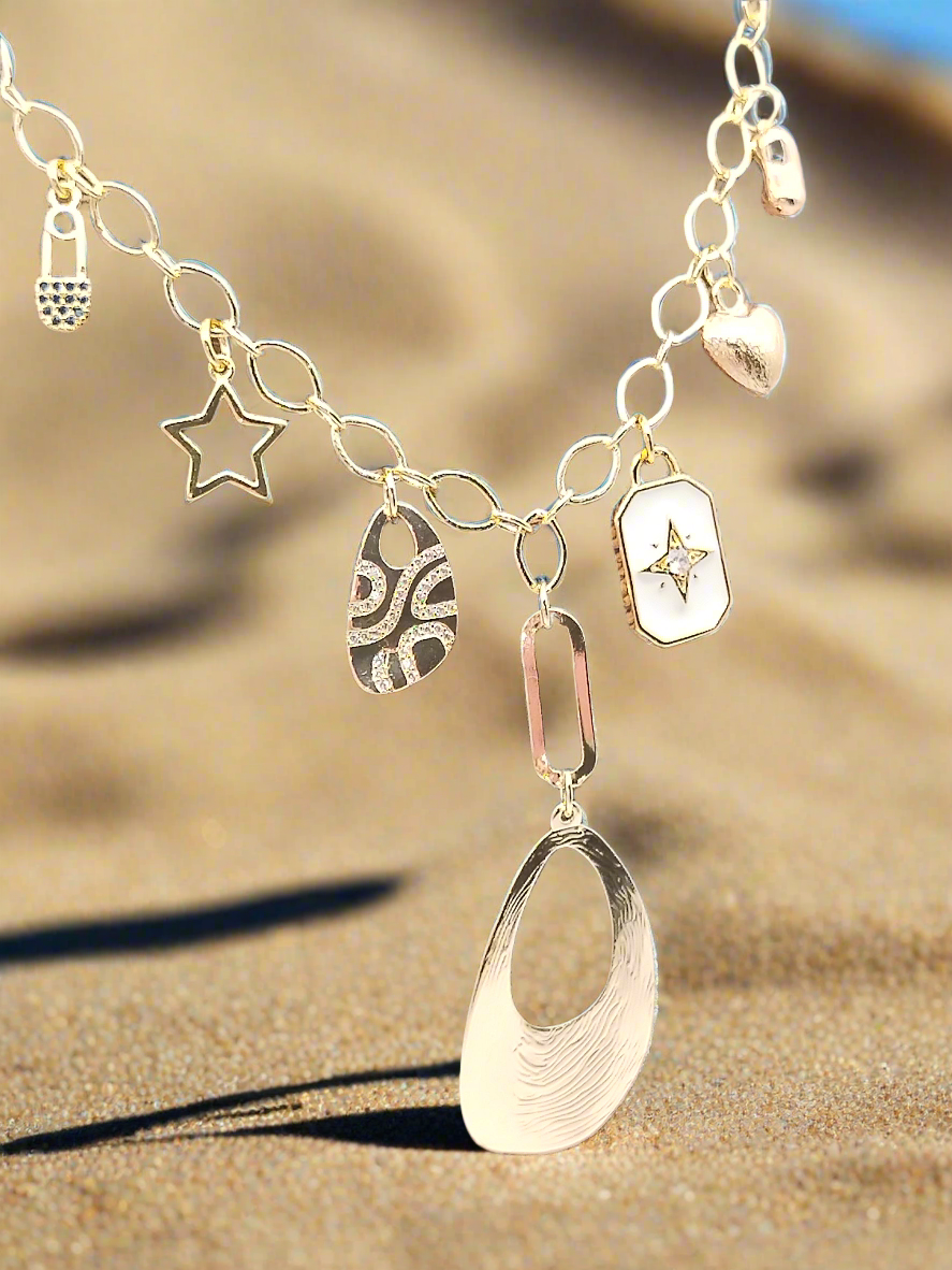 Charms Necklace, Gold Oval Chain, Dangling, Layering, Elegant, Women Jewelry, Holidays Gift