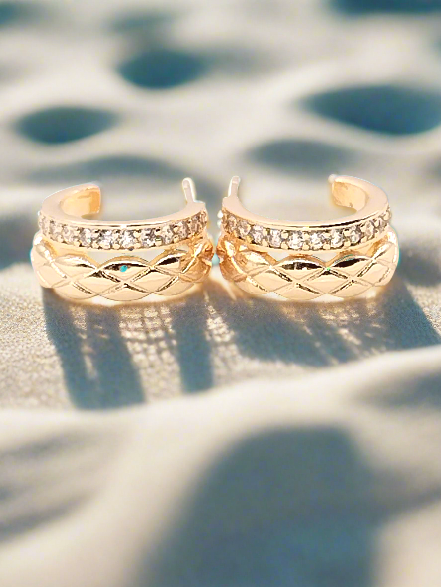Small Gold Huggies - Double Row CZ Stud Hoop Earrings