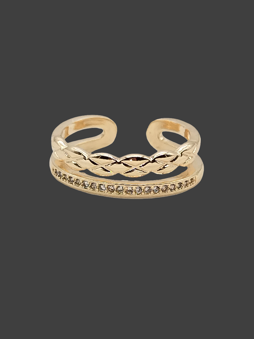 Anillo de doble banda, oro de 18 quilates, circonita cúbica, trenzado, apilable, tendencia, ajustable, regalos, joyas, mujeres