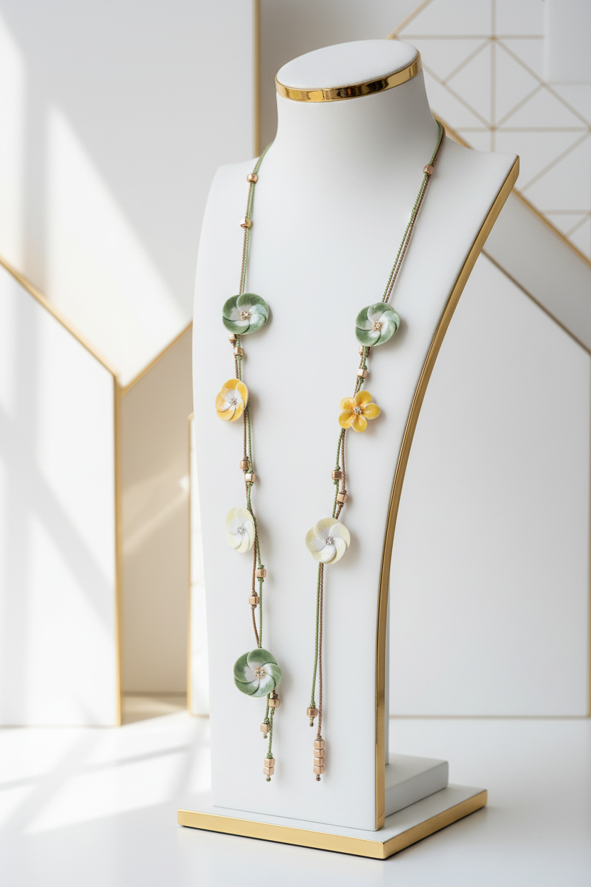 Ceramic flower silk threader necklace displayed in elegant white and gold setting - luxury handmade French jewelry