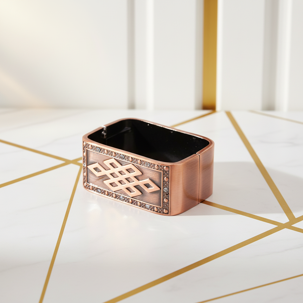 Chunky copper rectangular bangle displayed in elegant white and gold setting - luxury statement jewelry