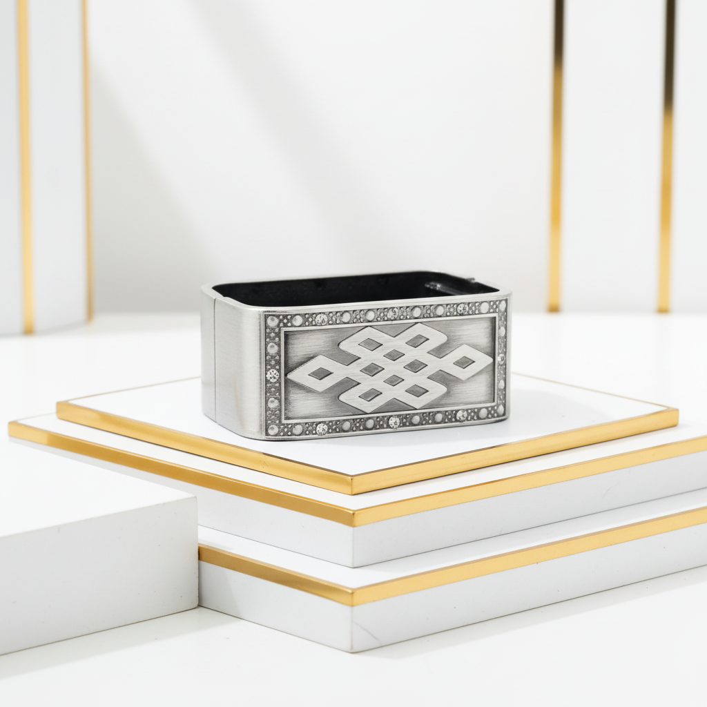 Chunky matte silver rectangular bangle displayed in elegant white and gold setting - luxury statement jewelry