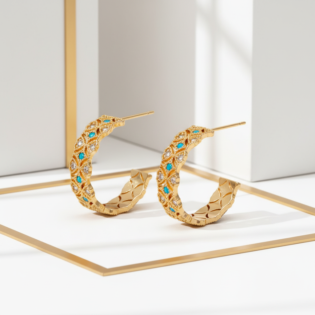 Close-up detail of gold plated open hoops with turquoise CZ in elegant white and gold setting