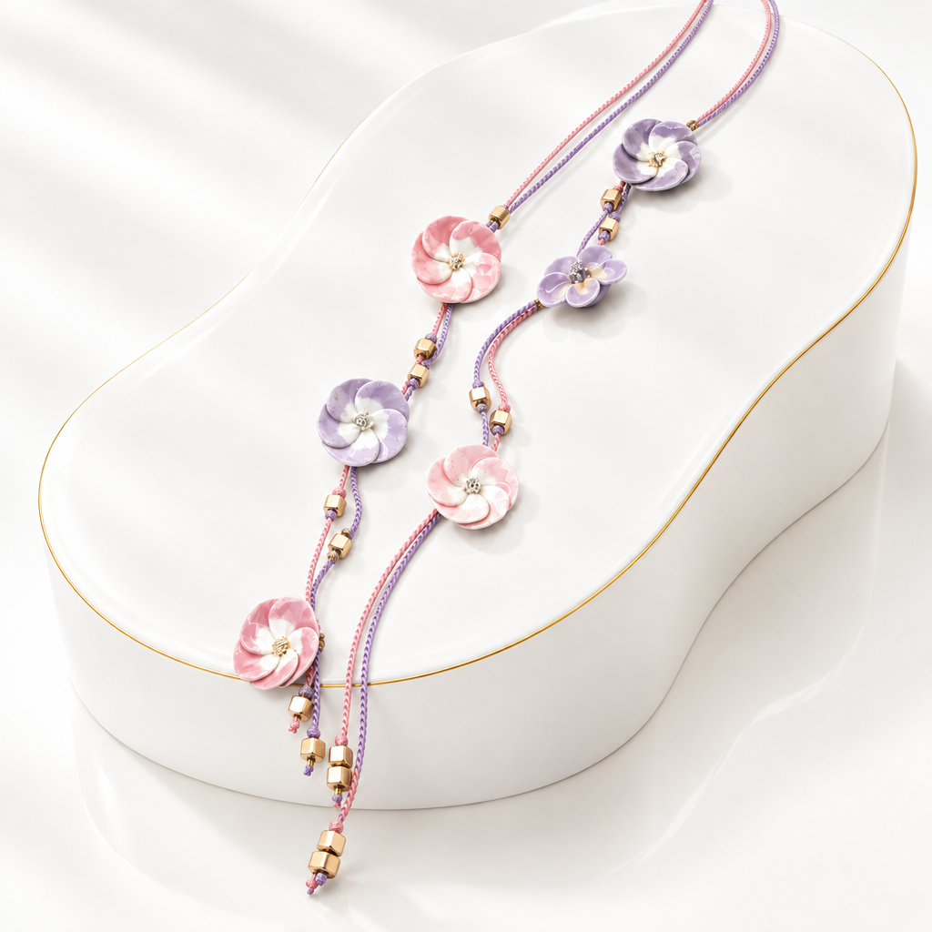 Bridal Ceramic Flower Lariat Necklace in Soft Pink and Lavender