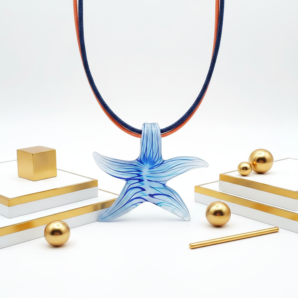 Blue Crystal Starfish Pendant Necklace Gold Props Lifestyle Boho Statement Jewelry