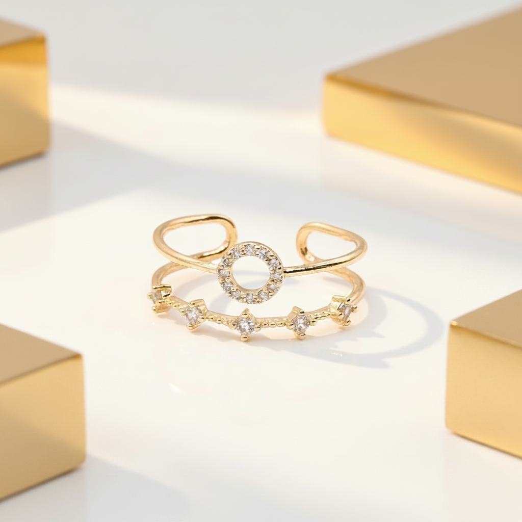 Double Band CZ Pavé Ring 18k Gold Plated – Adjustable Open Ring for Women