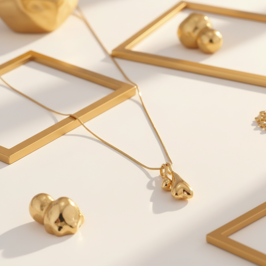 Double domed heart chain necklace 18k PVD gold flat lay white and gold background