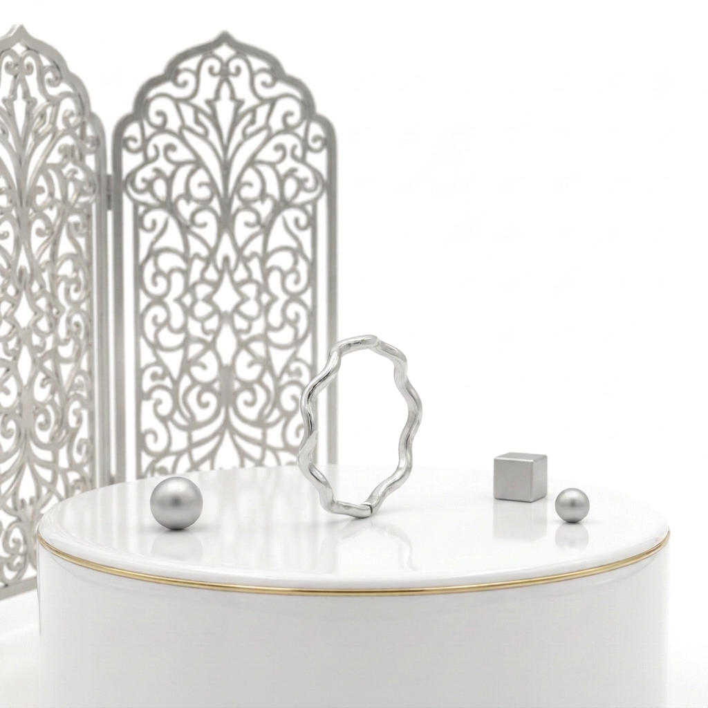 Rhodium plated wave ring standing upright on a white podium with a thin gold edge