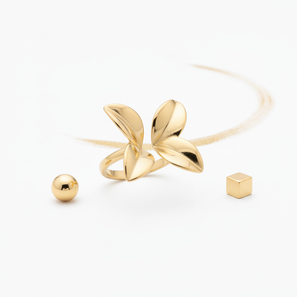 Flower Petals Adjustable Ring 18k PVD Gold – minimalist white and gold editorial product photo