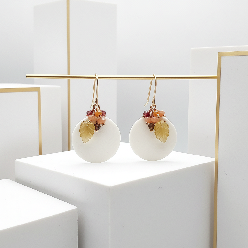 French Porcelain Disc Earrings with Citrine Leaf and Gemstone Cluster 14k Gold Filled
