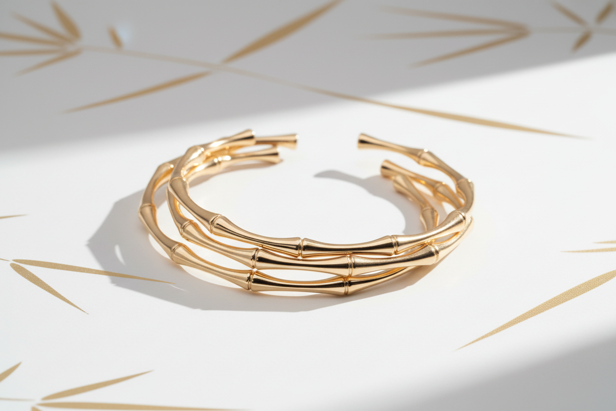 Close-up of 18k gold bamboo cuff bracelet showing textured bamboo segments and stackable design