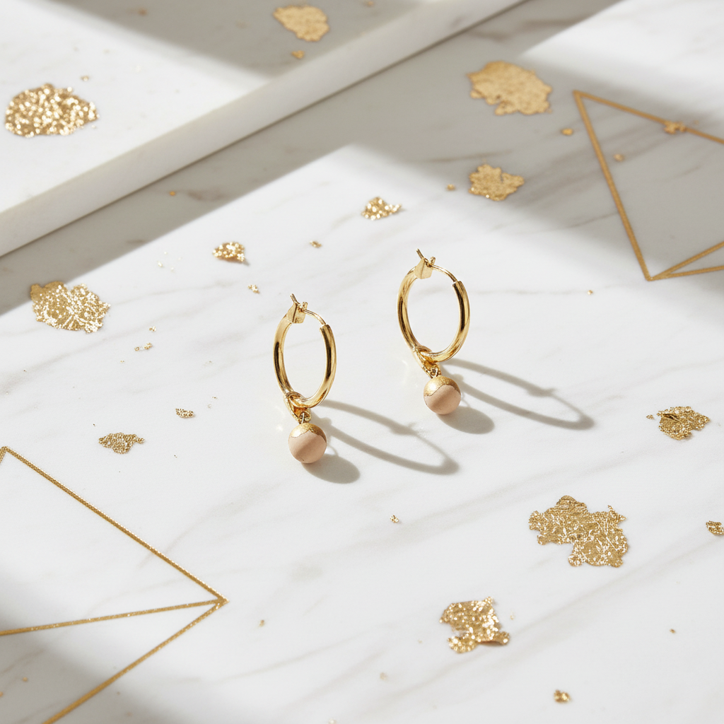 Gold hoop earrings beige ceramic charm white and gold setting 18k gold plated statement hoops luxury jewelry