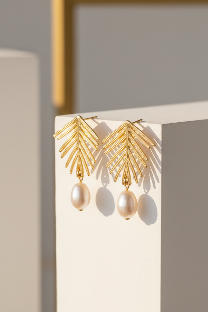 Gold leaf earrings with oval pearl drop displayed on white column – 18k gold plated, 30x20mm – Ms Friesch