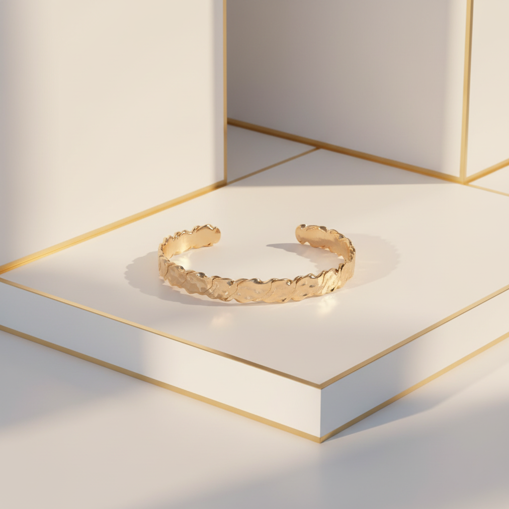 Hammered gold cuff bracelet in white and gold setting - 18k gold plated bangle - Ms Friesch
