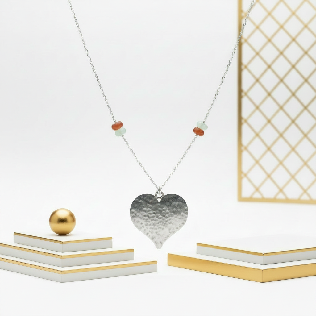 Hammered Heart Pendant Necklace Sterling Silver Gemstone Chain Elegant Jewelry for Women