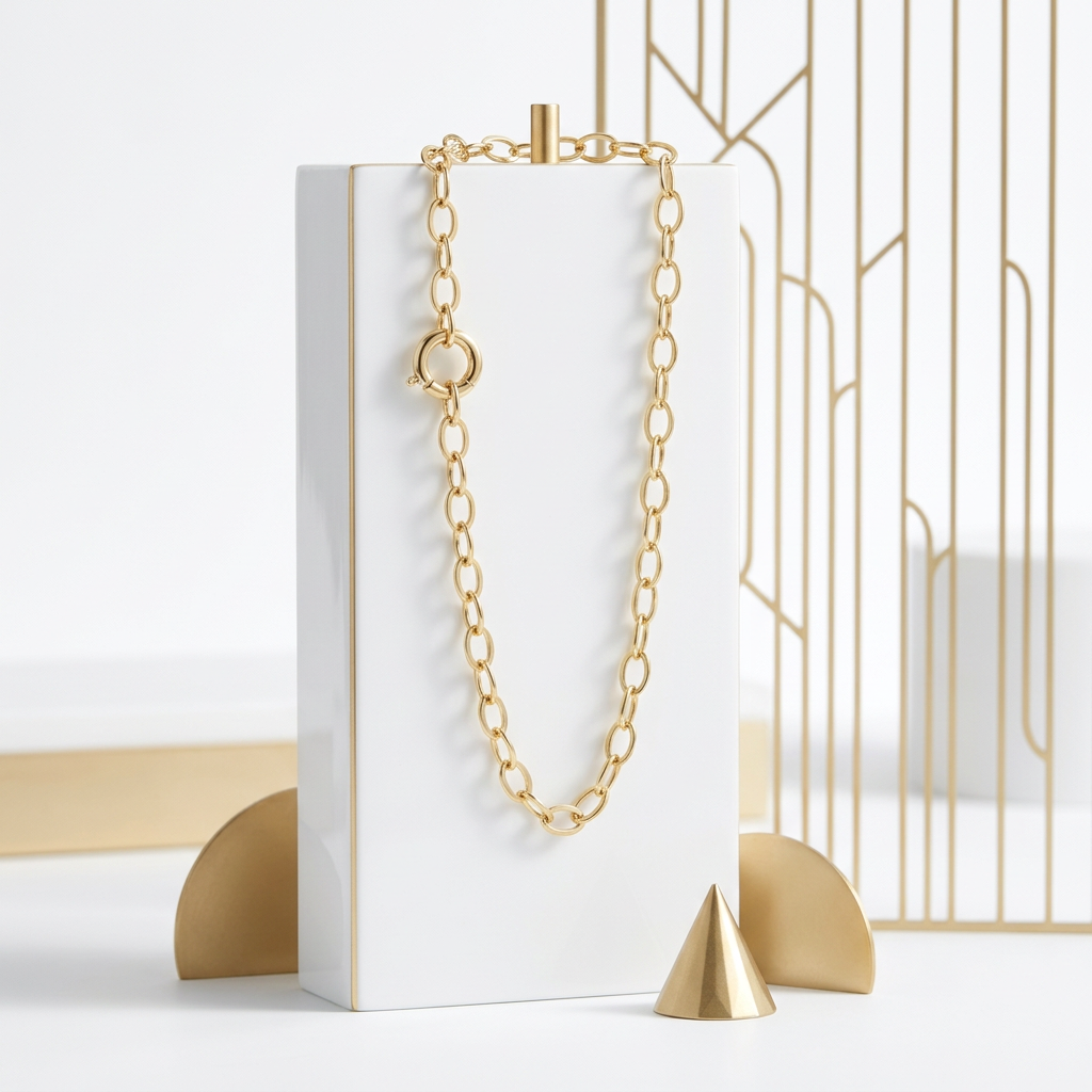 18k Gold Plated oval link necklace draped over a white column with fine gold edges and matte gold props