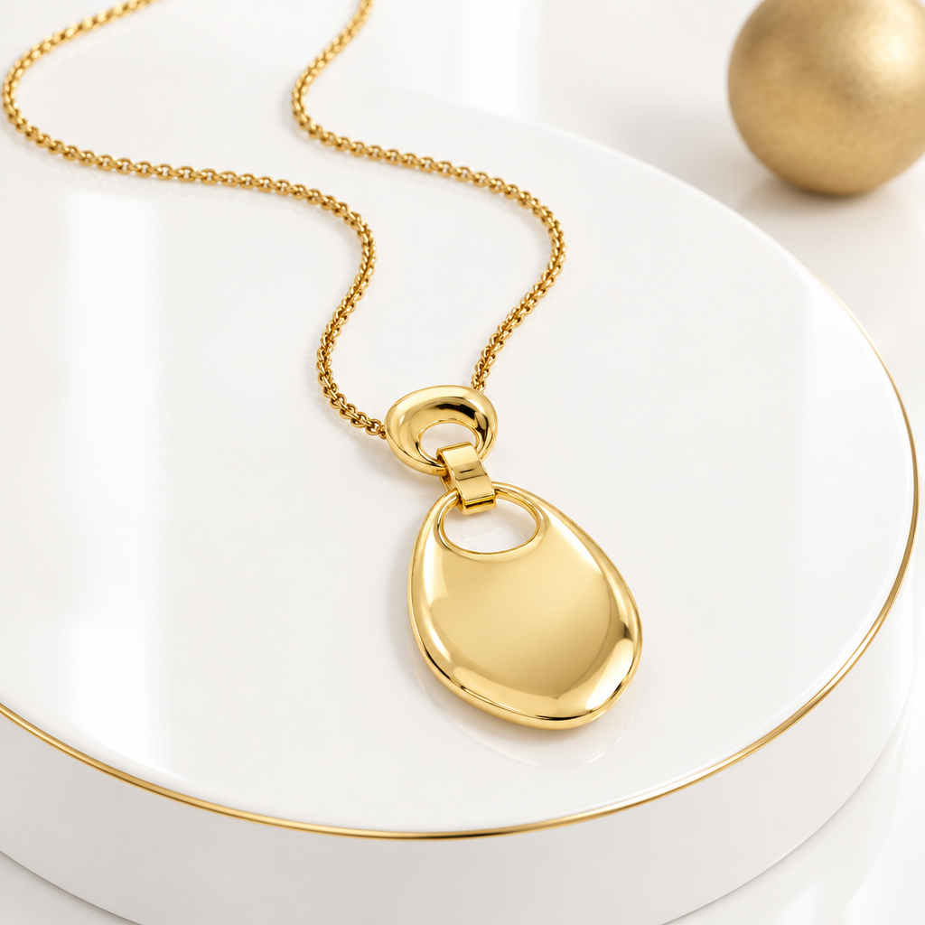 Open detail asymmetric pendant and fine chain in 18k PVD Gold