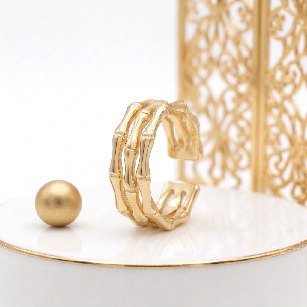 Open ring in 18k Gold Plated with three rows of bamboo inspired curves
