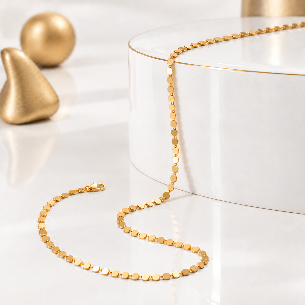 18k Gold Plated polished flat disc necklace draped over a white pedestal with a fine gold edge