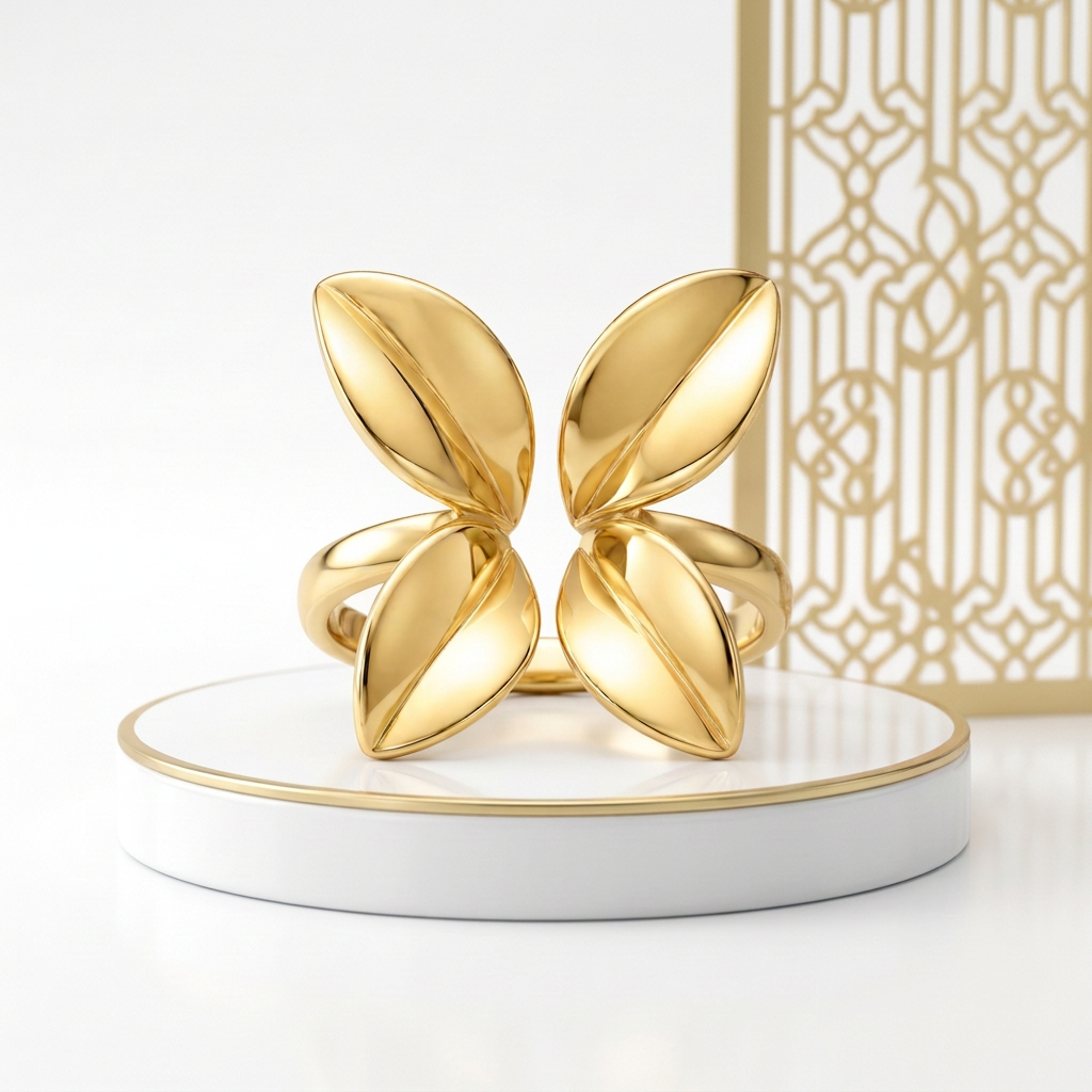 Flower petals ring in 18k PVD Gold stainless steel displayed on a white podium with a fine gold edge