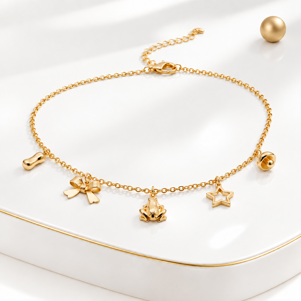 Adjustable 18k Gold Plated charm necklace with fine chain and five small motifs