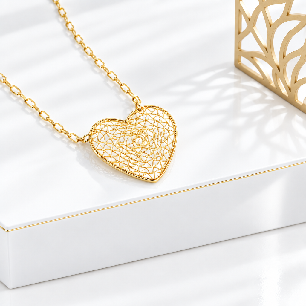 Filigree heart pendant and paperclip chain on a white pedestal beside a decorative gold lattice