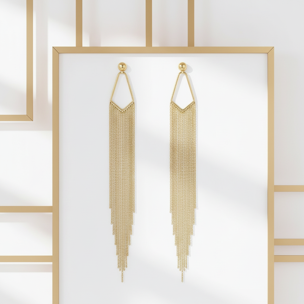 Long Gold Chain Fringe Earrings White & Gold Environment