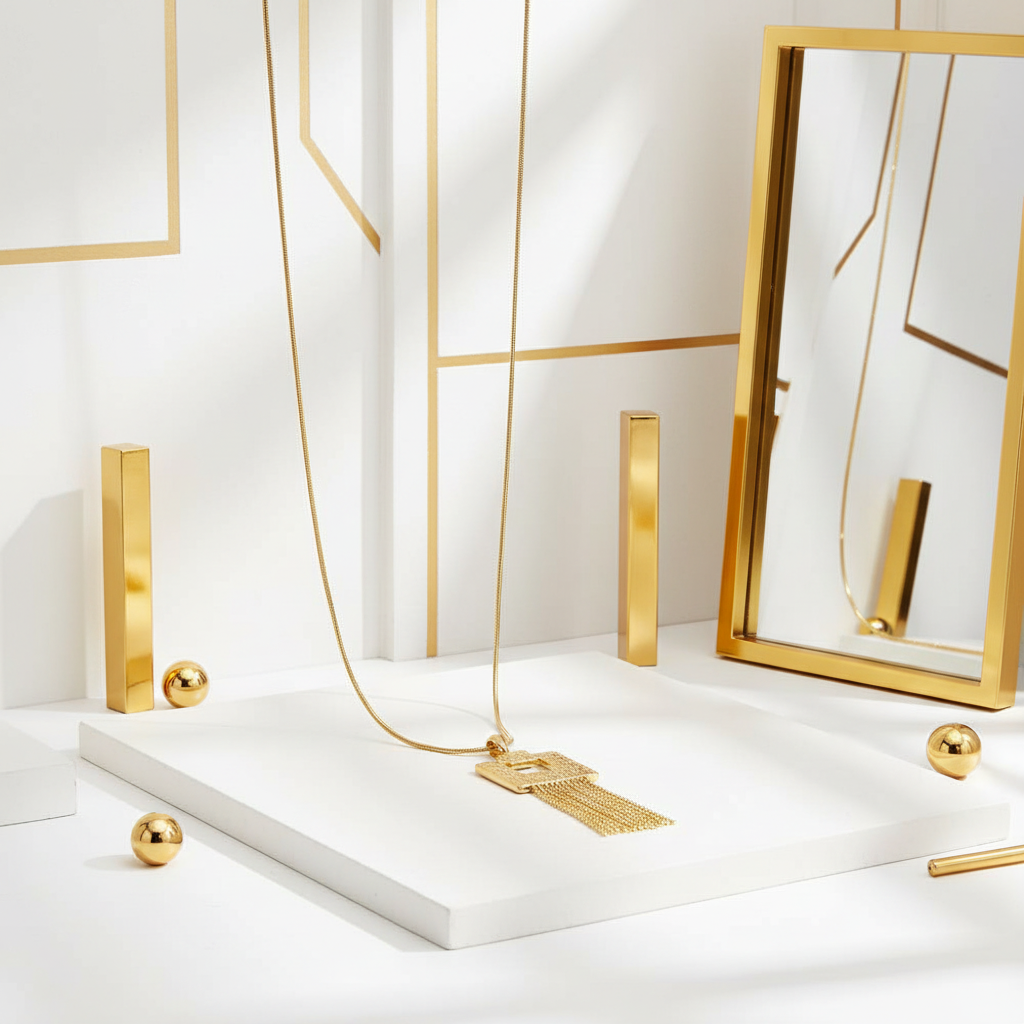 Gold chain necklace with delicate square fringe detail - romantic-chic layering necklace