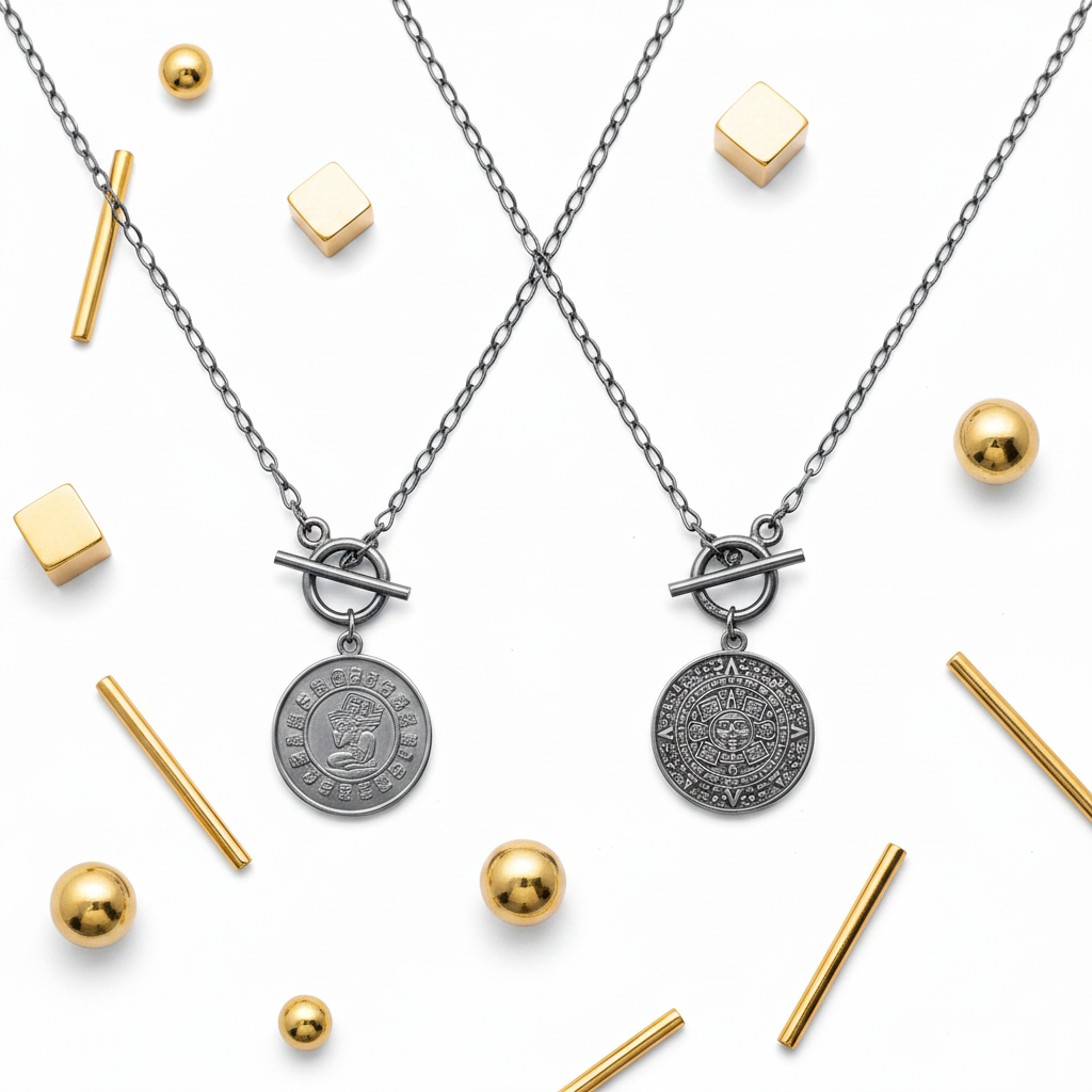 Mayan Coin Necklace Sterling Silver Reversible Pendant Gold White Editorial