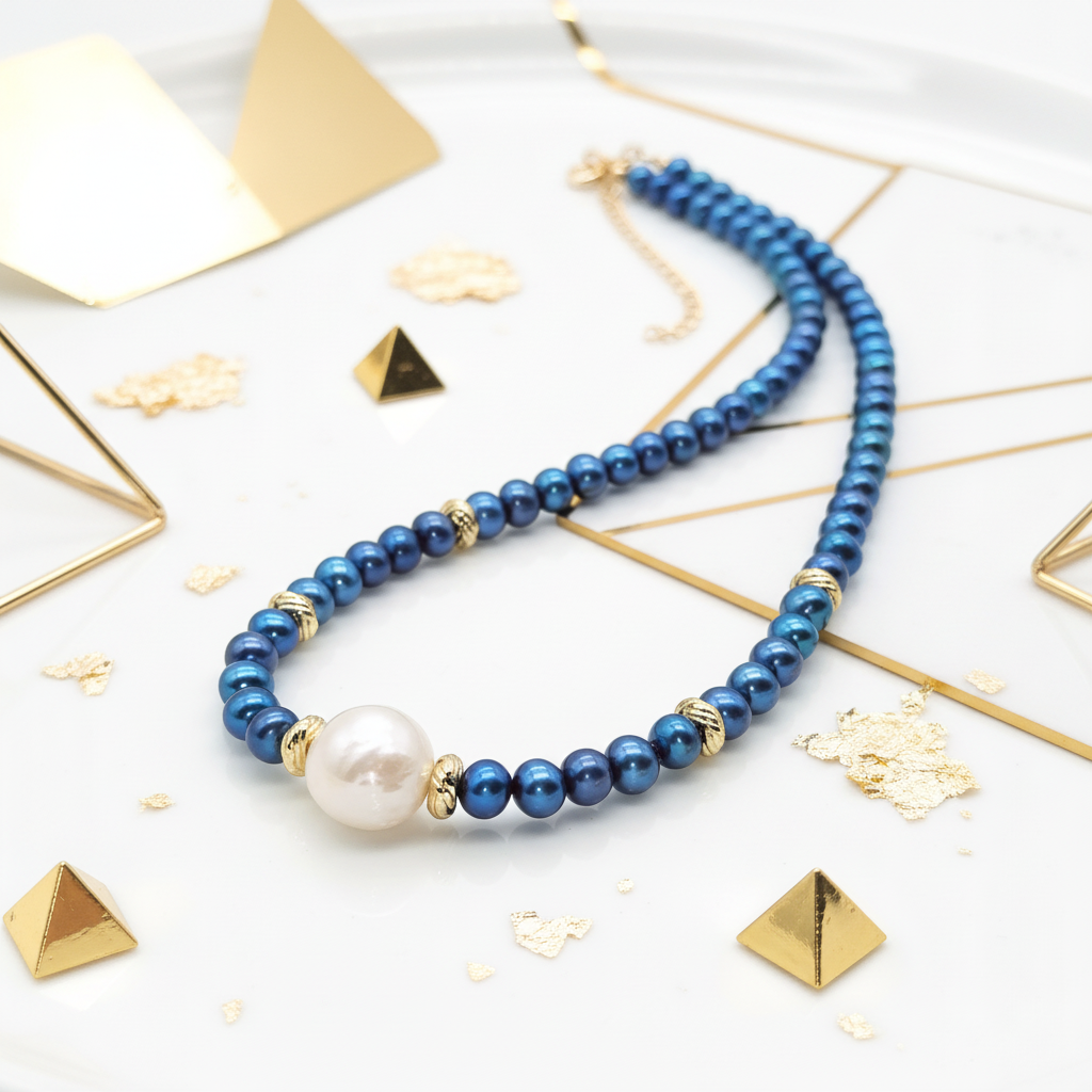 Navy blue dyed pearl necklace with 13mm Edison pearl displayed on elegant white and gold surface