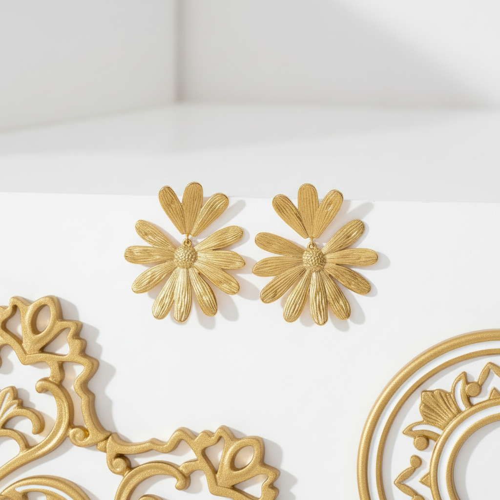 18k PVD gold oversized flower stud earrings close-up detail stainless steel