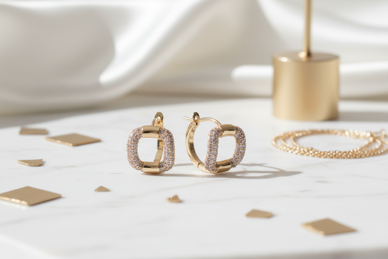 Pavé CZ Square Huggie Hoop Earrings 18k Gold Plated - Product photography on white background