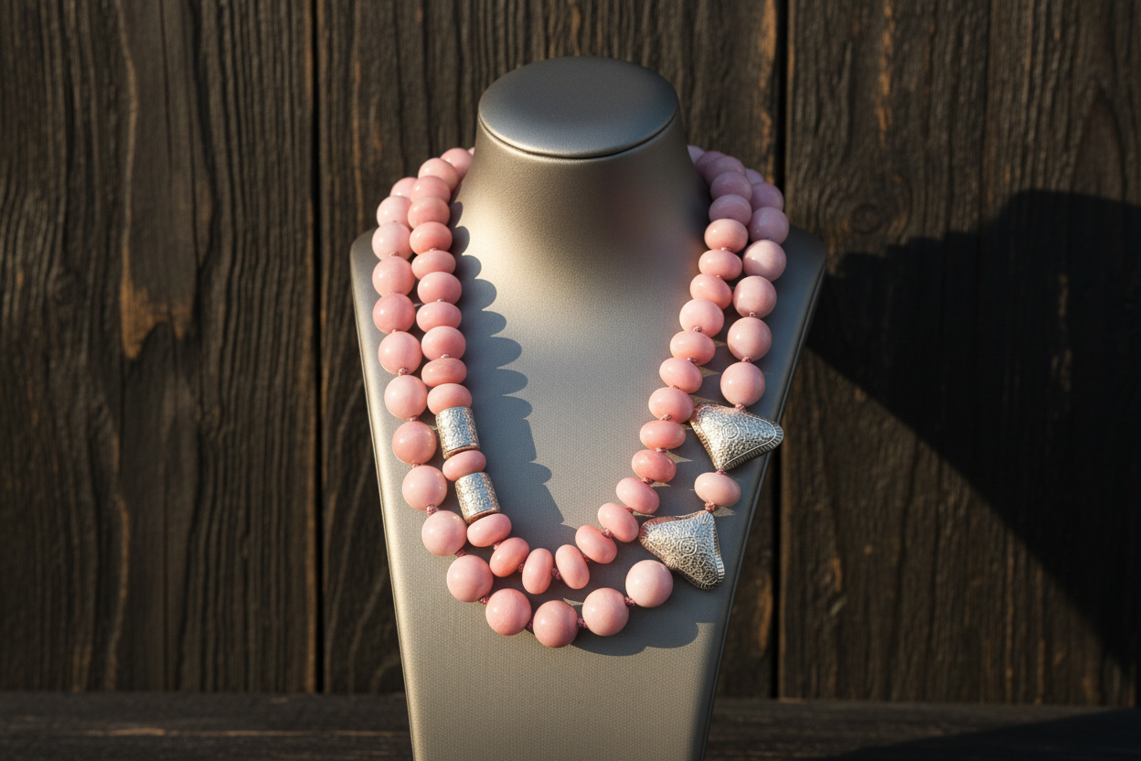 Peruvian Pink Opal necklaces on dark rustic wood with enhanced lighting