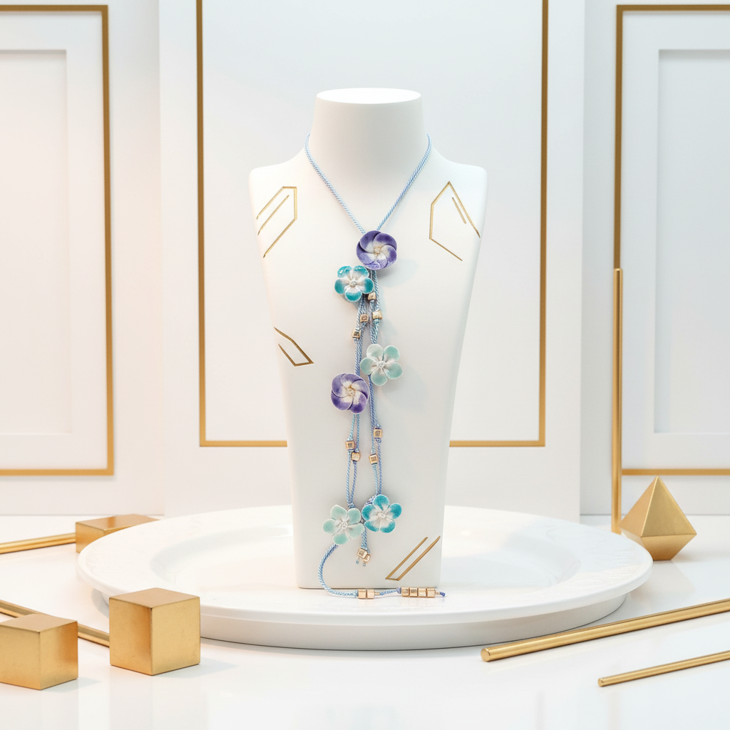 Pastel purple and turquoise ceramic flower necklace displayed in elegant white and gold setting - luxury handmade French silk lariat