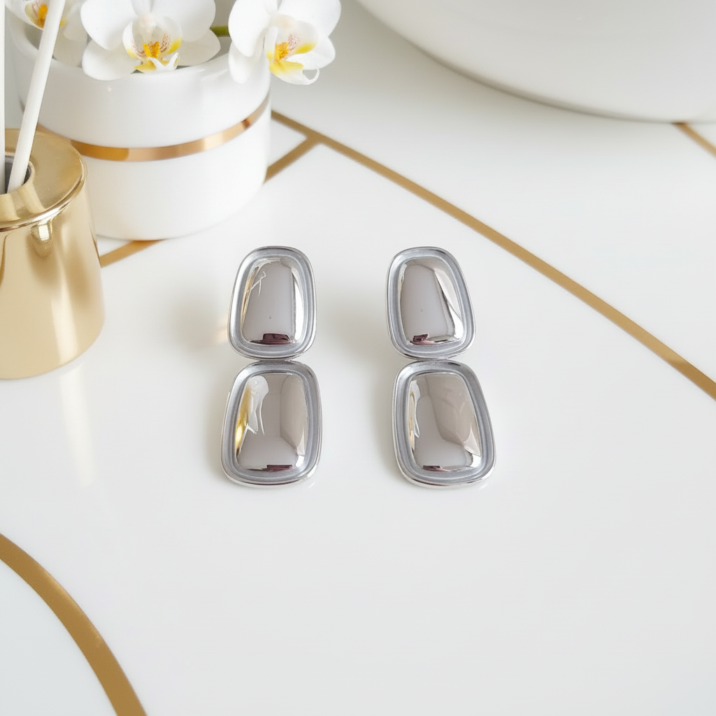 Rhodium Plated Geometric Dangle Earrings - Bright and Luminous
