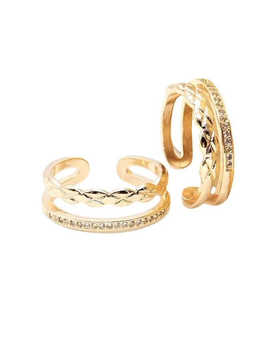 Anillo de doble banda, oro de 18 quilates, circonita cúbica, trenzado, apilable, tendencia, ajustable, regalos, joyas, mujeres