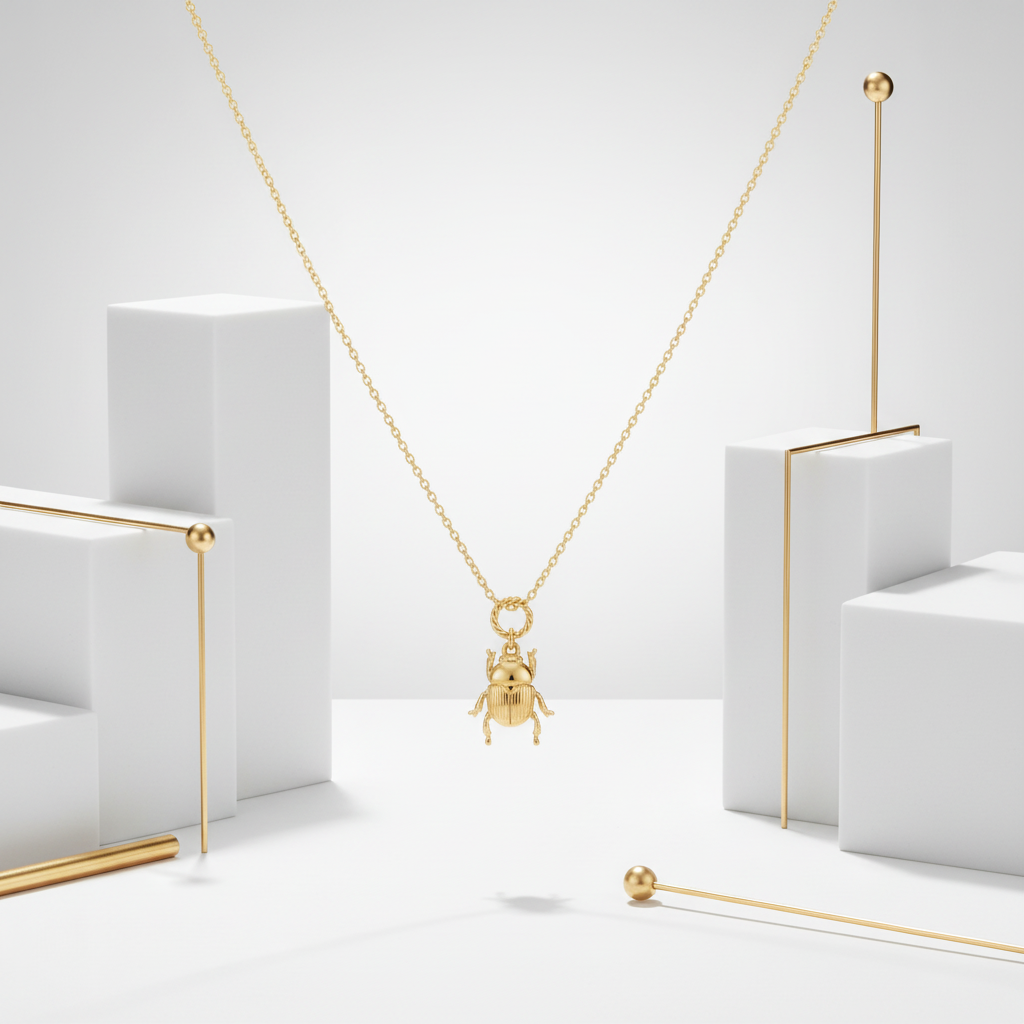 Scarab beetle gold charm necklace on white and gold editorial background, 18k gold plated pendant necklace, minimalist luxury jewelry