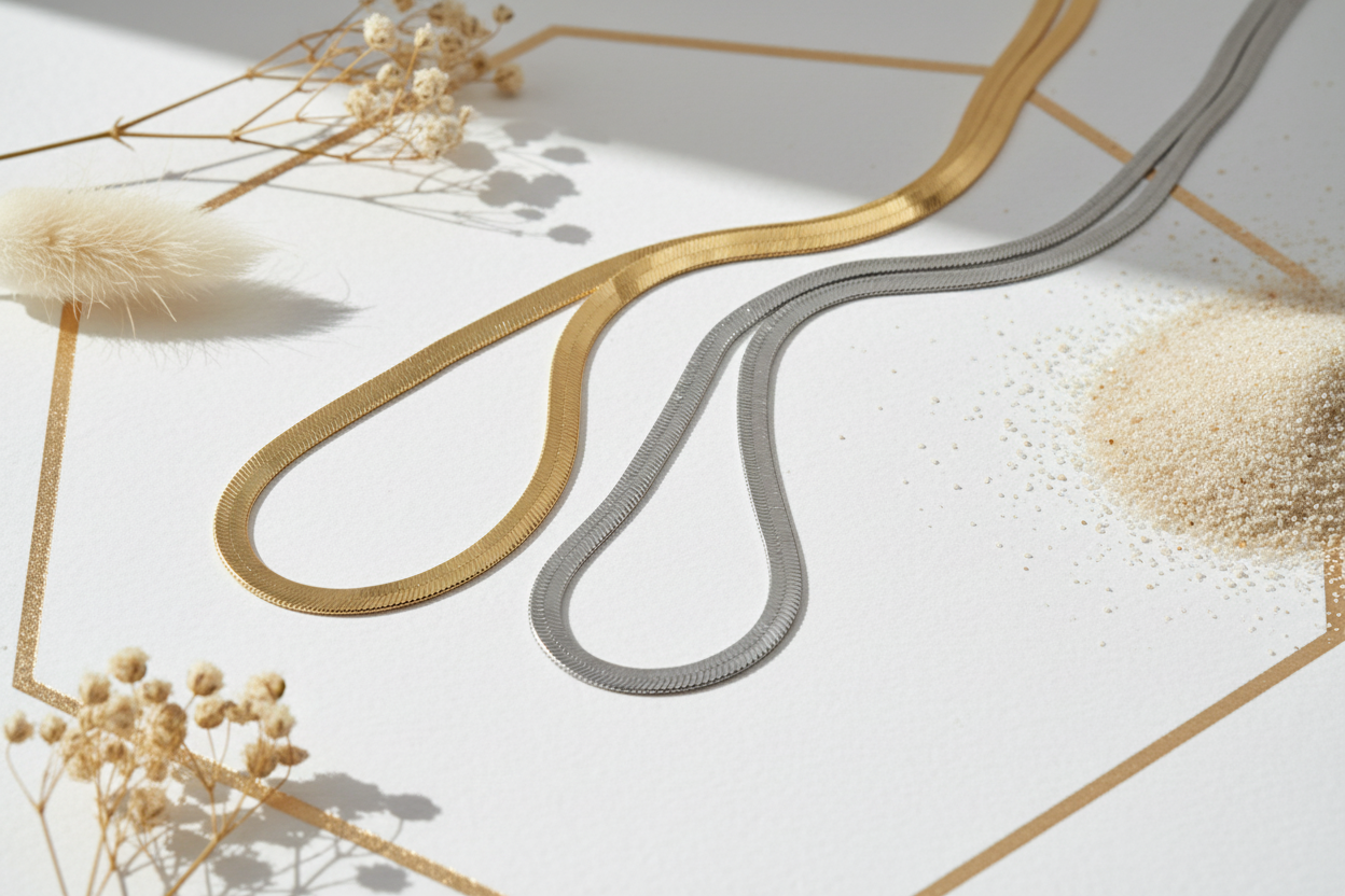 Shiny silver and gold snake chain necklaces in white and gold environment