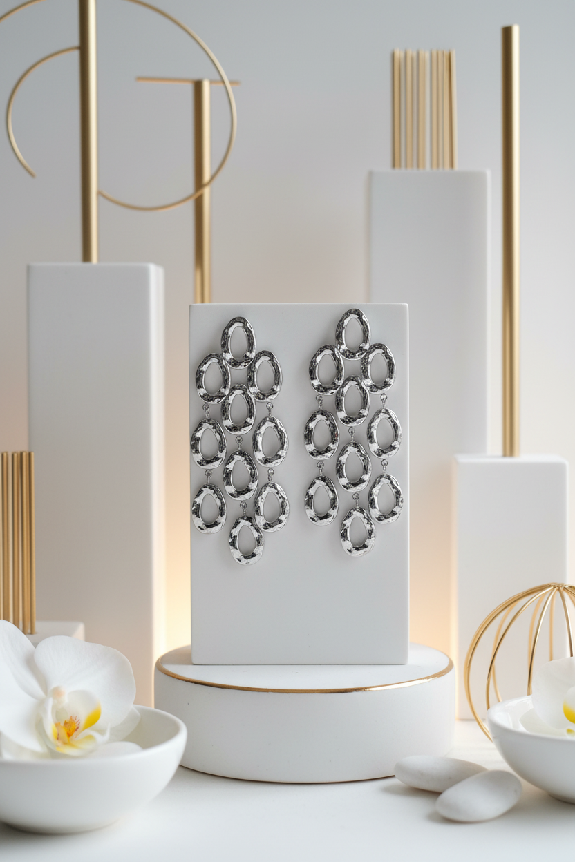 Premium silver rhodium plated circle fringe earrings luxury jewelry display
