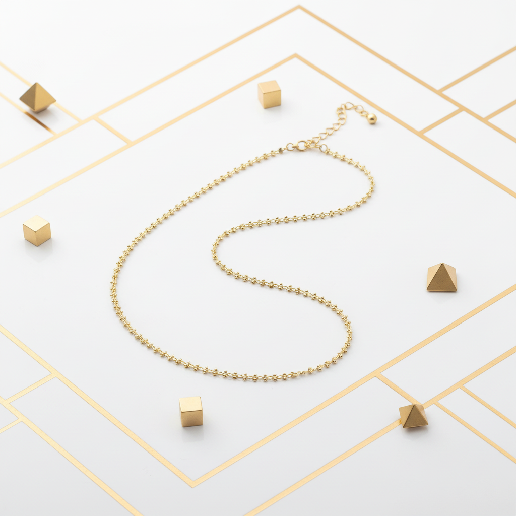 Gold Plated Dainty Chain Choker Necklace with Alternating Beads - Minimalist Layering Jewelry