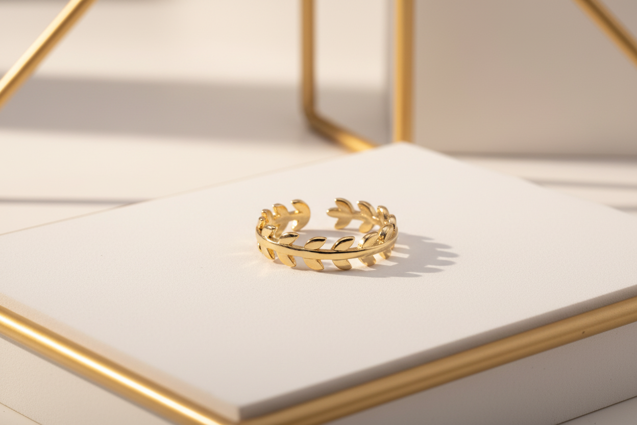 Spike gold plated ring displayed in elegant white and gold setting