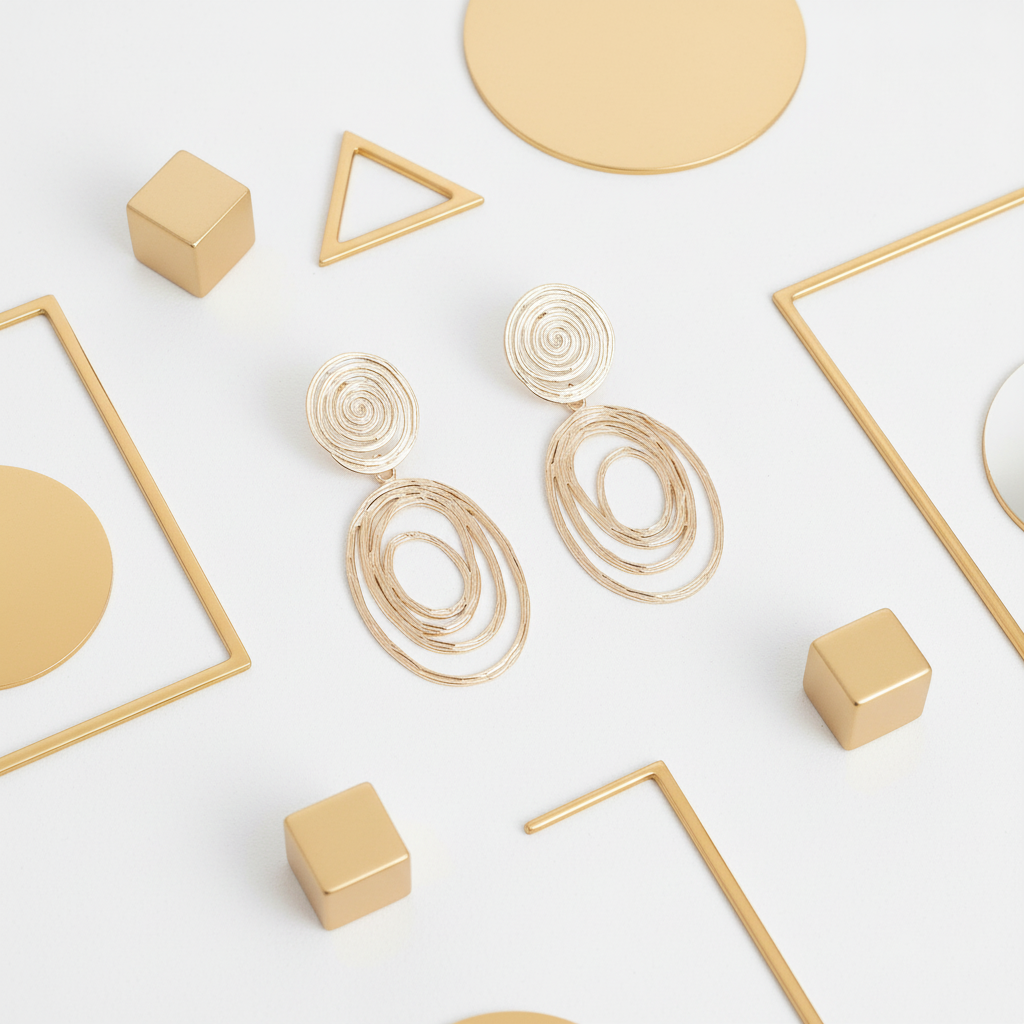 Luxury textured spiral stud earrings 18k gold plated displayed in elegant white and gold setting