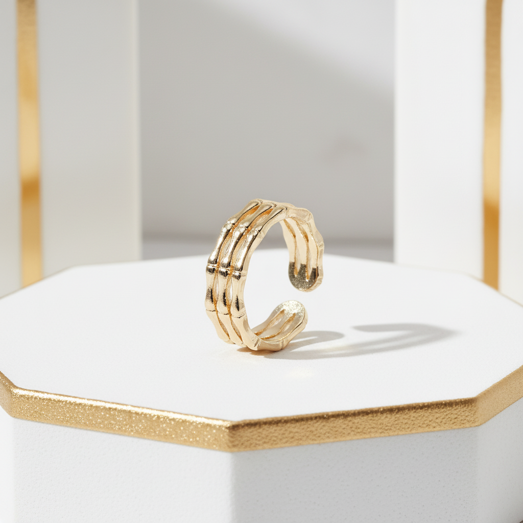 Triple band bamboo adjustable ring in 18k gold - nature-inspired textured bands in elegant white and gold setting