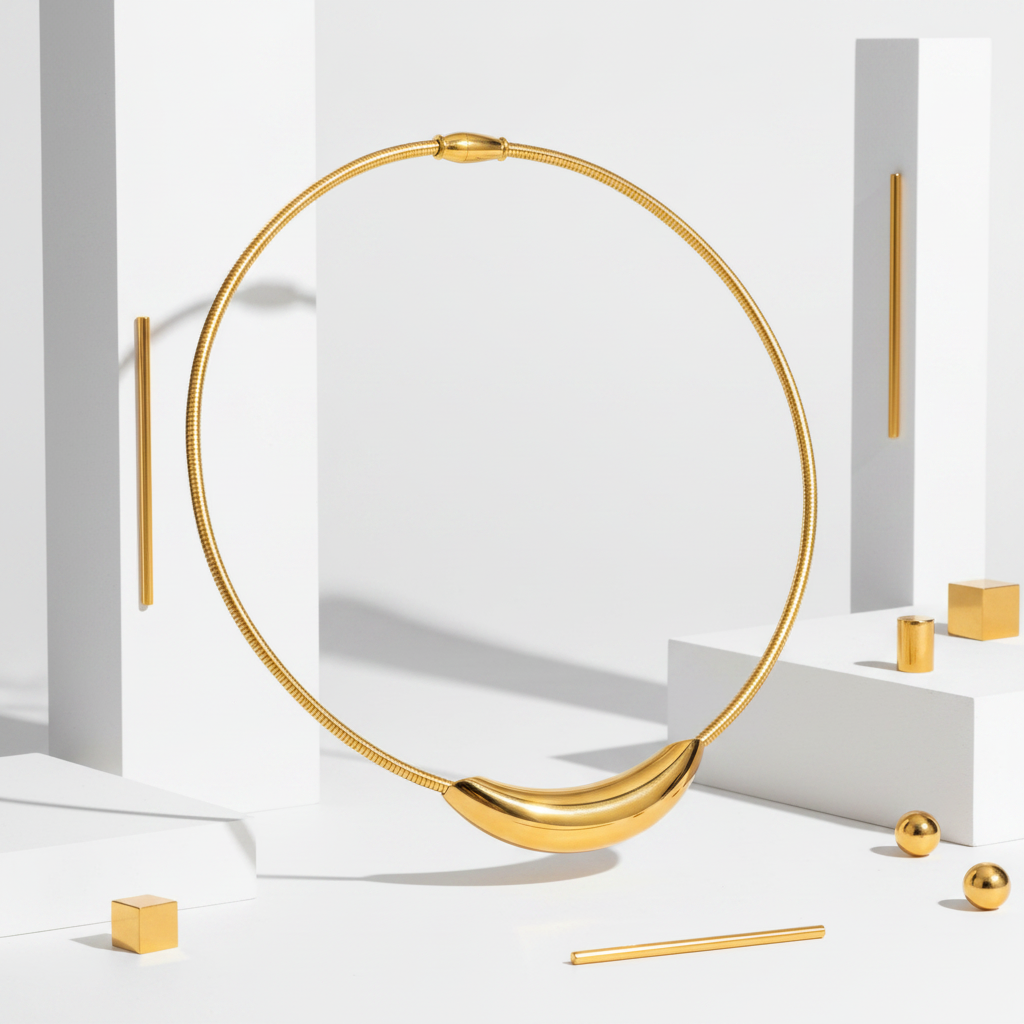 18k PVD gold flexible tubogas choker with crescent focal piece, 40cm length, 3mm chain – Ms Friesch