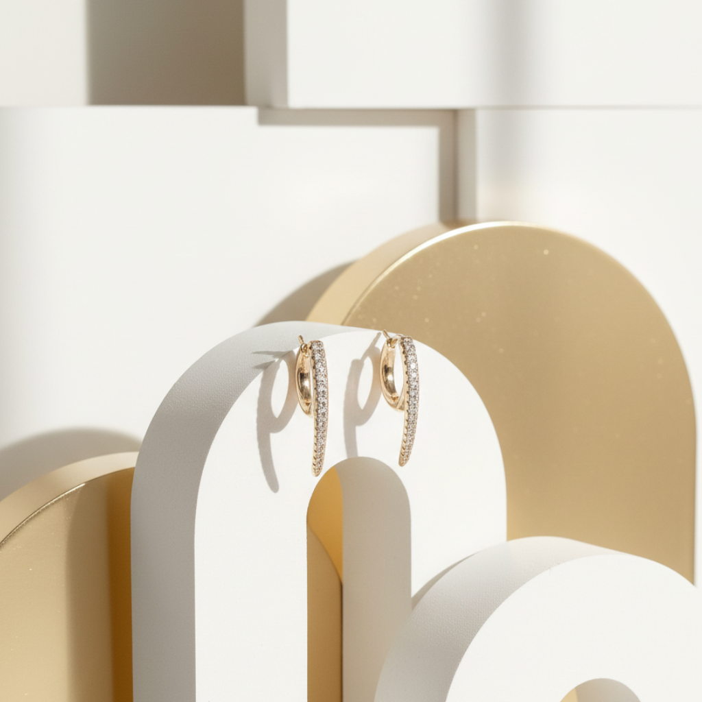 Vertical Pavé Bar Huggie Hoops - White and Gold Environment