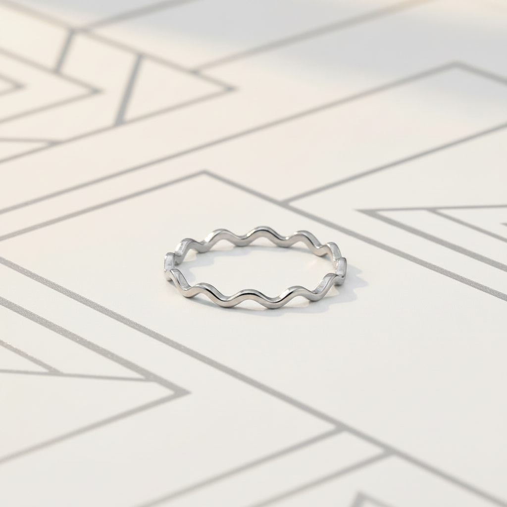 Wave band ring rhodium plated silver minimalist stacking ring on geometric surface